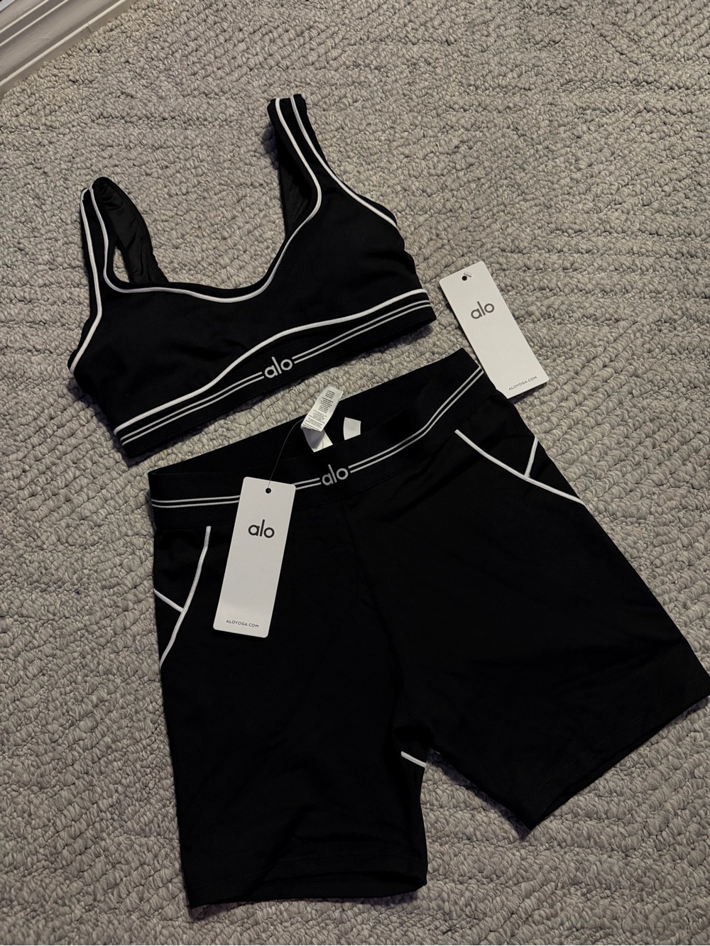 ALO Yoga Black Sports Bra & Bike Shorts with White Trim